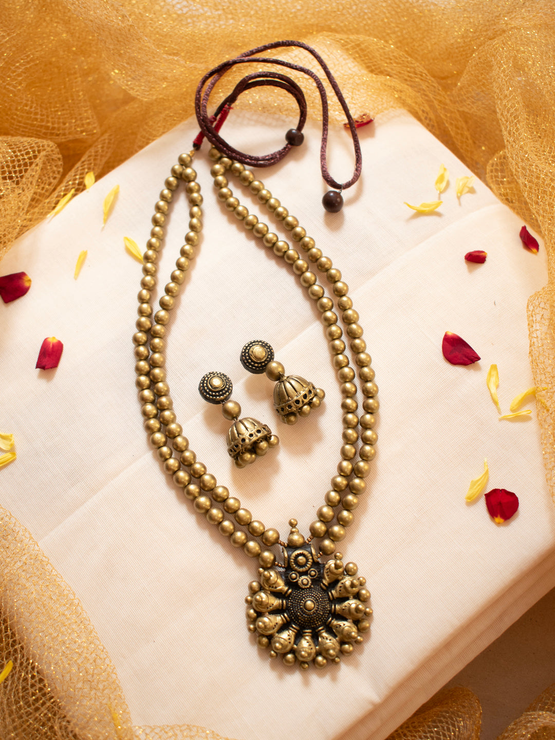 Antique Gold Blooming Flower Design Handmade Terracotta Necklace Set