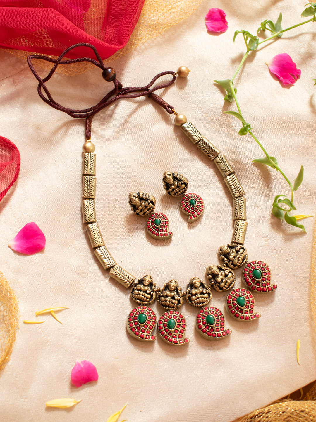 Antique Gold Red Green Lakshmi and Mango Design Chain Type Temple Handmade Terracotta Necklace Set