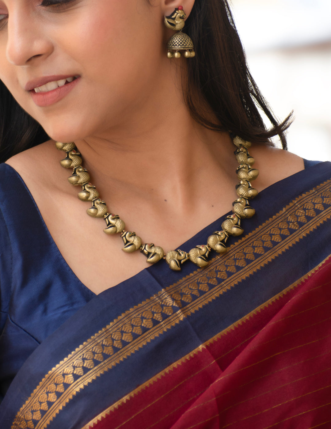 Antique Gold Red Green Peacock Design Handmade Terracotta Necklace Set