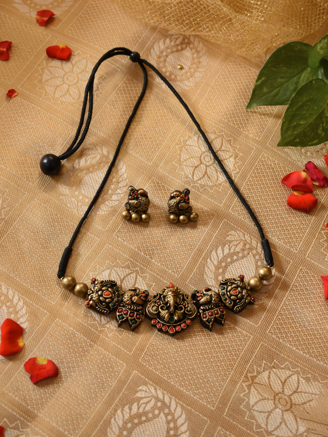Antique Gold and Orange Ganesha Peacock Element Inspired Handmade Terracotta Choker Necklace Set