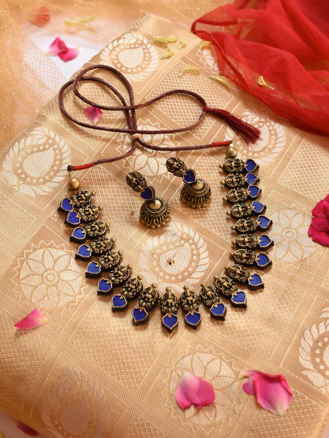 Antique Gold Blue Lakshmi Design Temple Terracotta Necklace Set