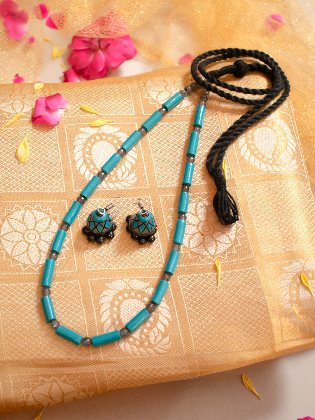 Teal and Black Colour Minimalistic Tubular Design Handmade Terracotta Necklace Set