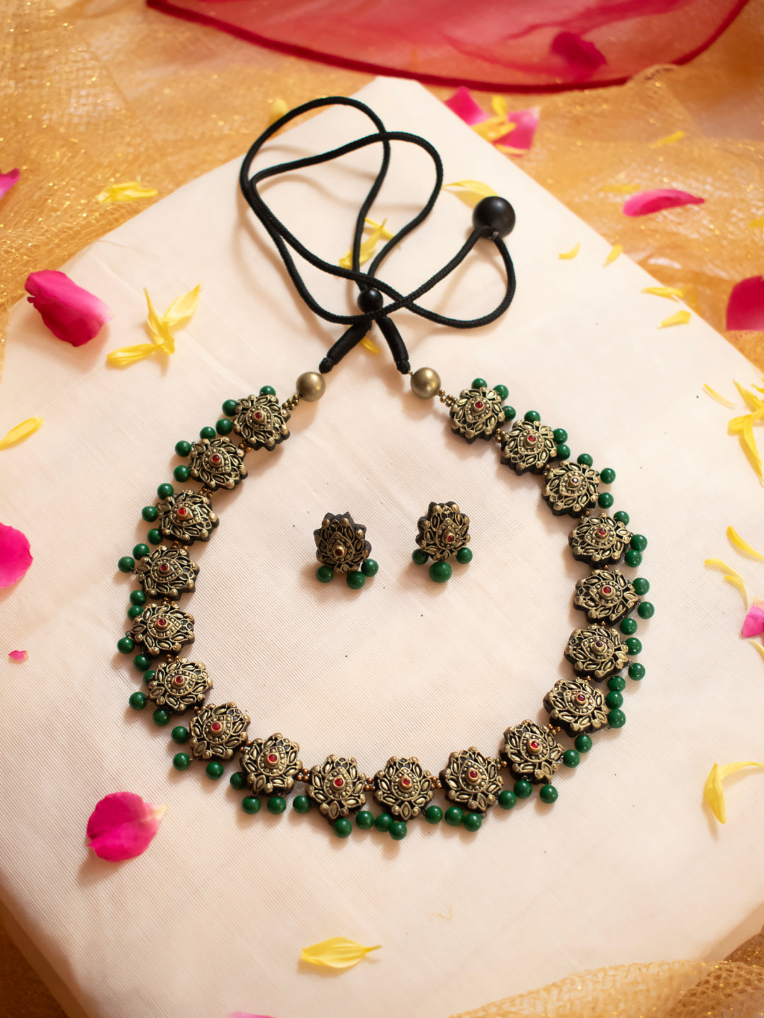 Padmavati - Antique Gold Green floral drops Handmade Terracotta Necklace Set