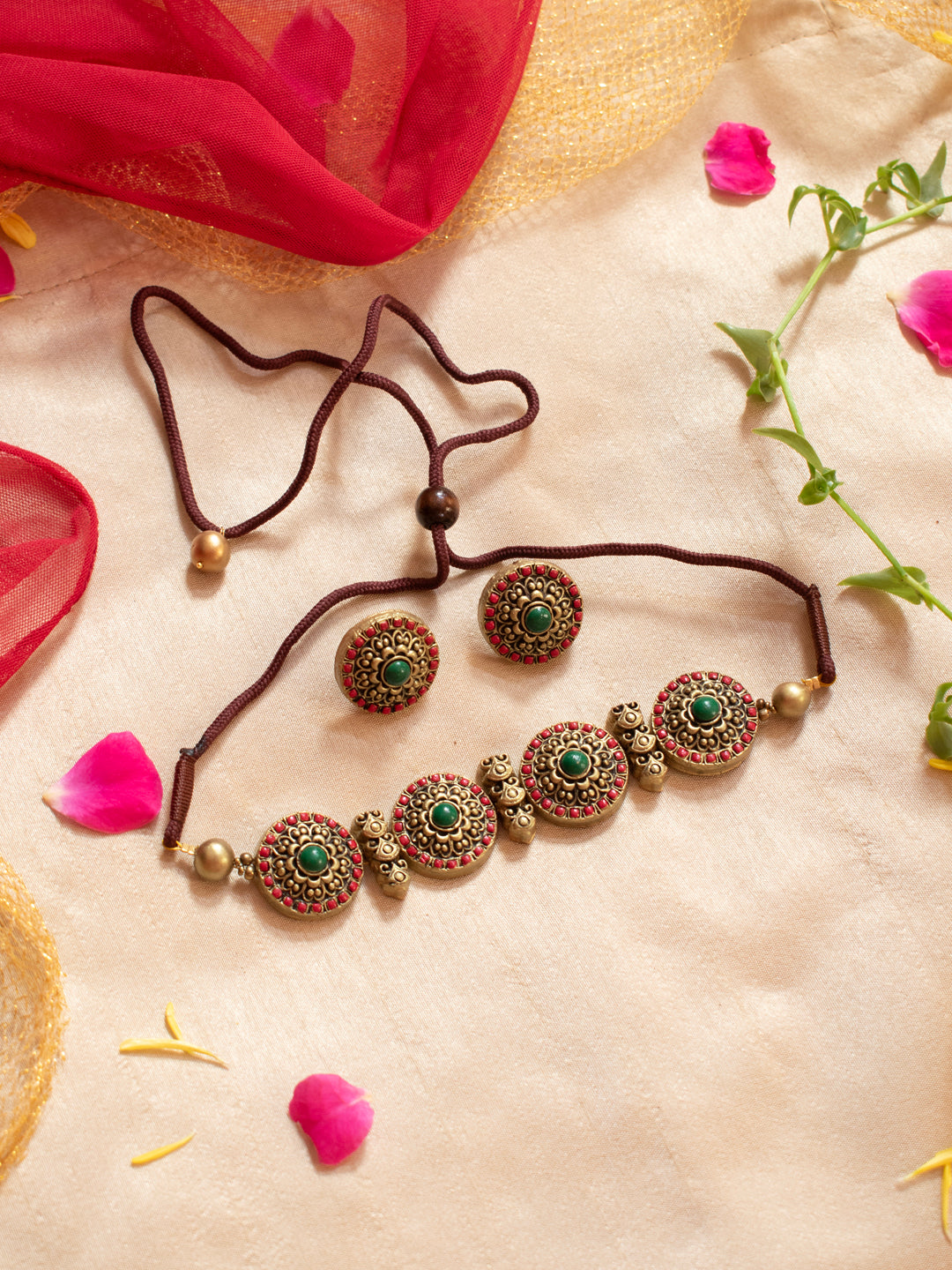 Antique Gold Green Red Circular Design Choker Handmade Terracotta Necklace Set
