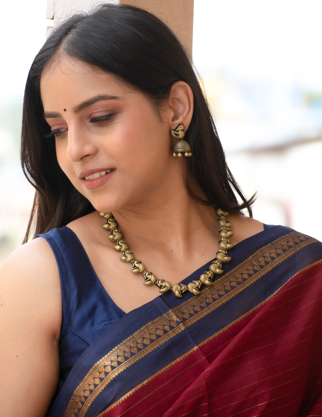 Antique Gold Red Green Peacock Design Handmade Terracotta Necklace Set