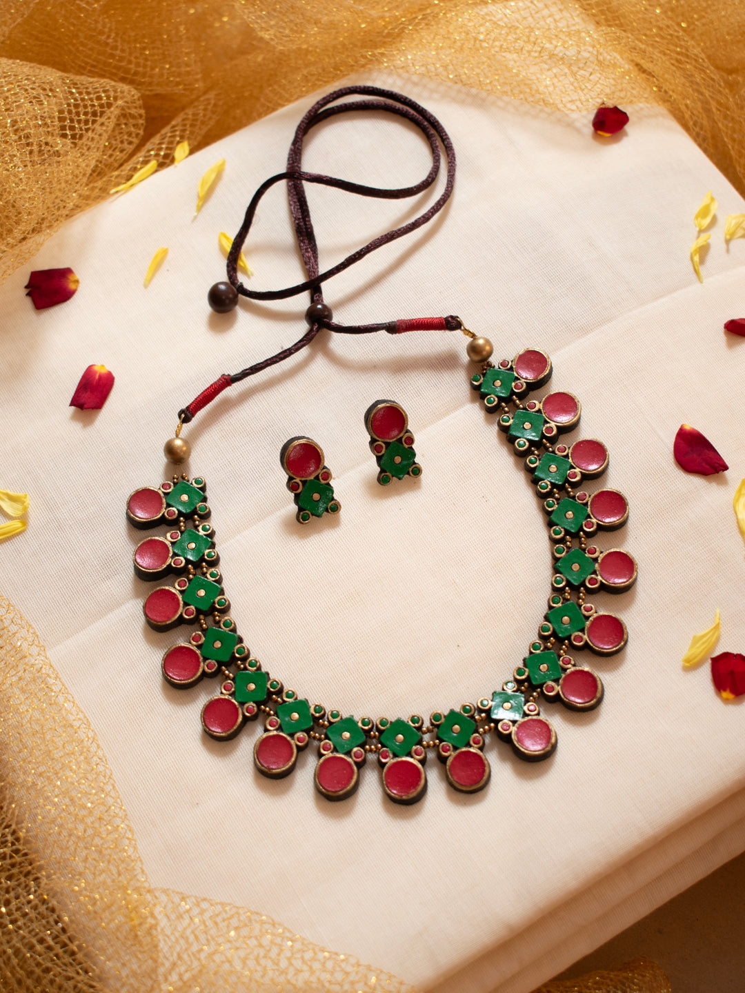 Antique Gold Red Green Geometric Design Handmade Terracotta Necklace Set
