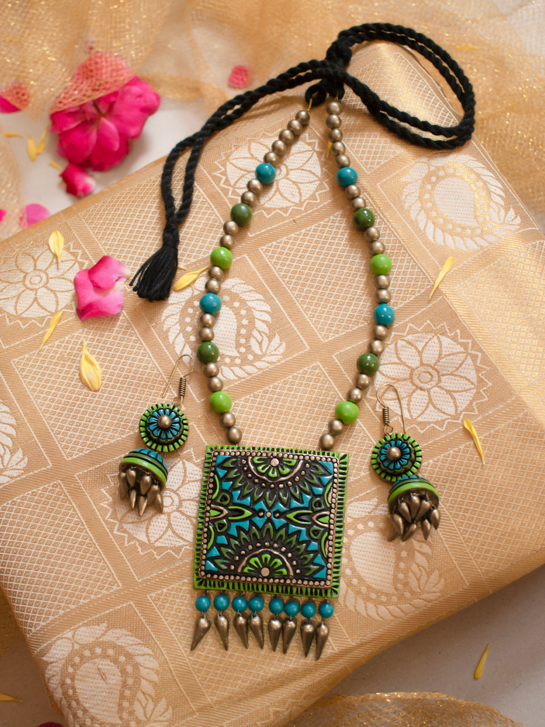 Teal, Sap Green, Light Green and Antique Bronze Mandala Art Square Pendant Mala Handmade Terracotta Necklace Set