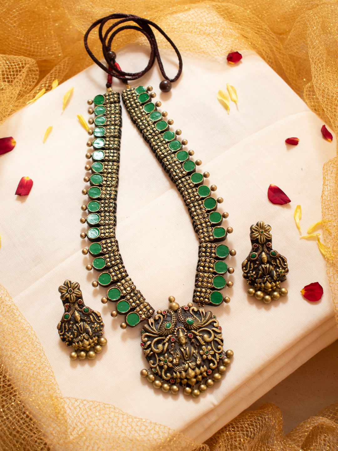 Antique Gold Green Lakshmi Design Circular Pattern Haram Style Handmade Terracotta Necklace Set