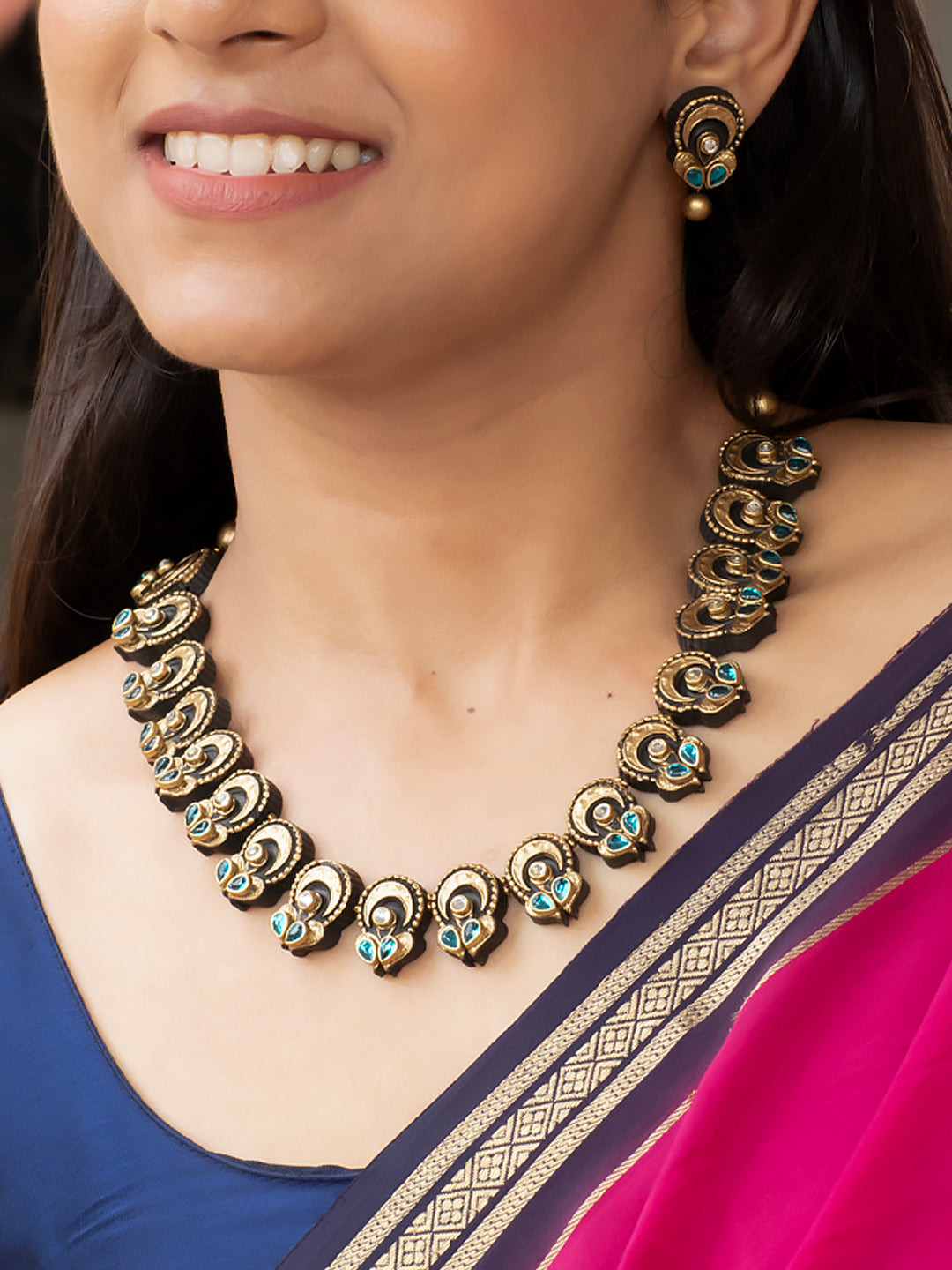 Half Moon Antique Gold Blue and White Leaf Design Kundan Stone Handmade Terracotta Necklace Set