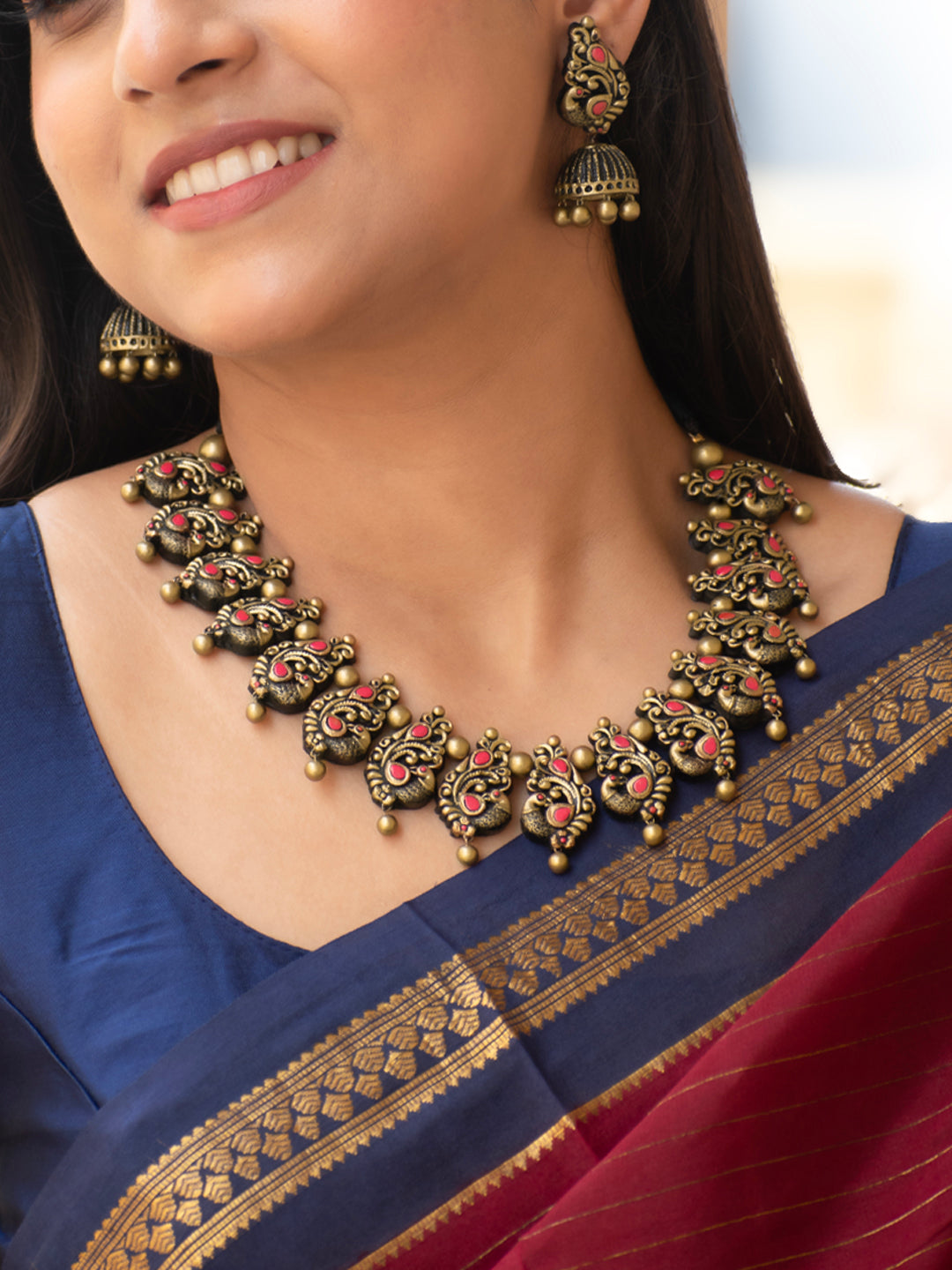 Antique Gold Pink Peacock Design Handmade Terracotta Necklace Set