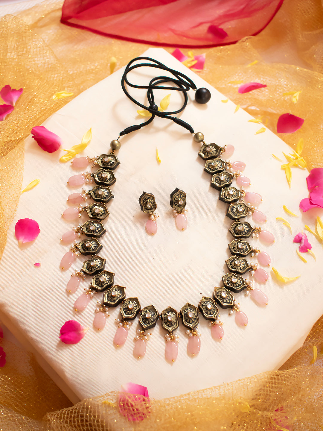 Antique Gold Floral Vector Pattern Pale Pink Kundan Stone Handmade Terracotta Necklace Set