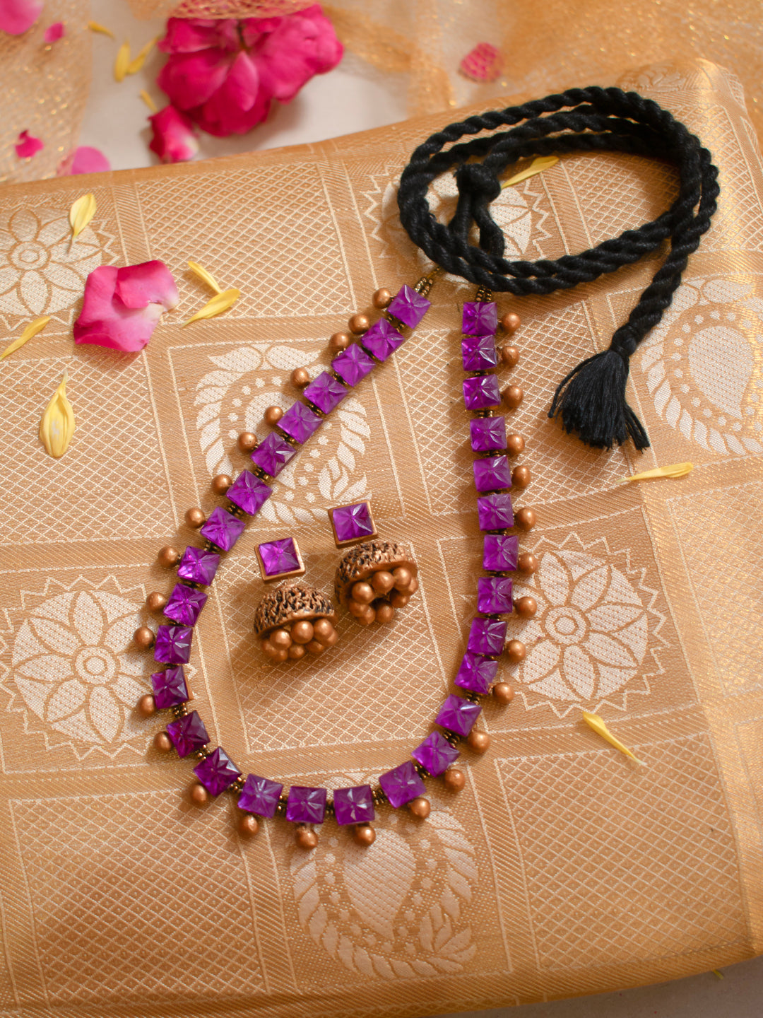 Purple and Gold Kundan Fusion Square Design Handmade Terracotta Necklace Set