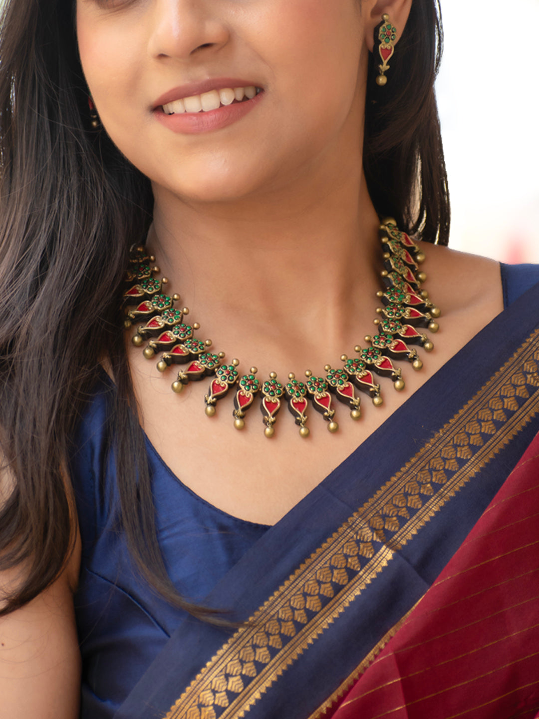 Antique Gold Red Green Floral Leaf Design Handmade Terracotta Necklace Set