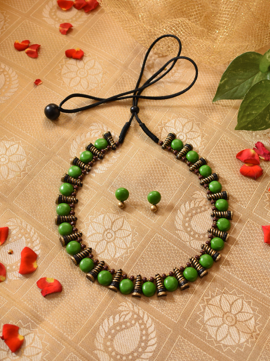 Antique Gold Black Green Circular and Cone Shape Design Handmade Terracotta Necklace Set