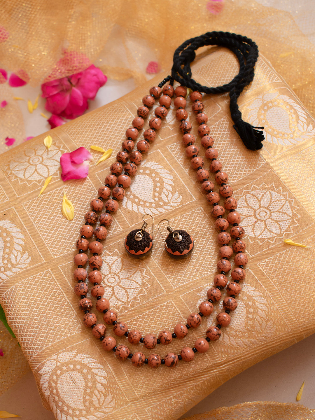 Shades of Wood and Brown Rustic Mala Two Layered Handmade Terracotta Necklace Set