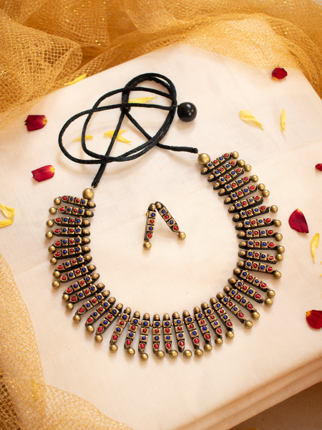 Antique Gold Red Blue Fringe Pattern Boho Handmade Terracotta Necklace Set