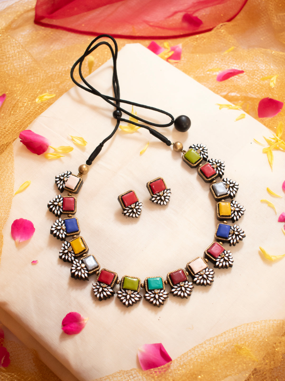 Navaratna Design - Auspicious Navaratna 9 colors, Filigree Floral designs, Handmade Terracotta Necklace Set