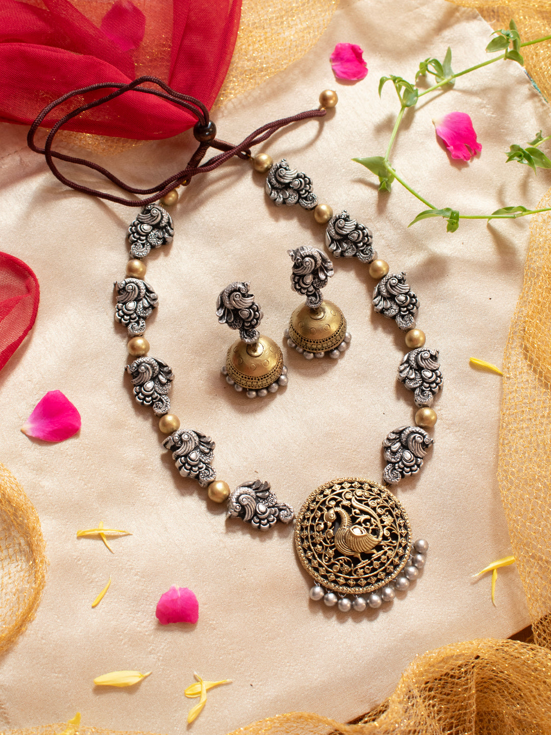 Dual Tone Antique Gold Silver Peacock Design Filigree Work Handmade Terracotta Necklace Set