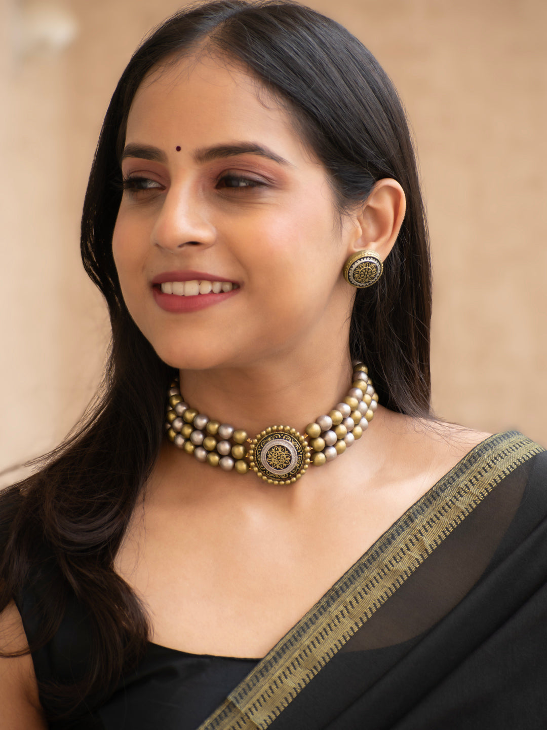 Dual Tone Antique Gold and Silver Three Layered Circular Pendant Choker Handmade Terracotta Necklace Set