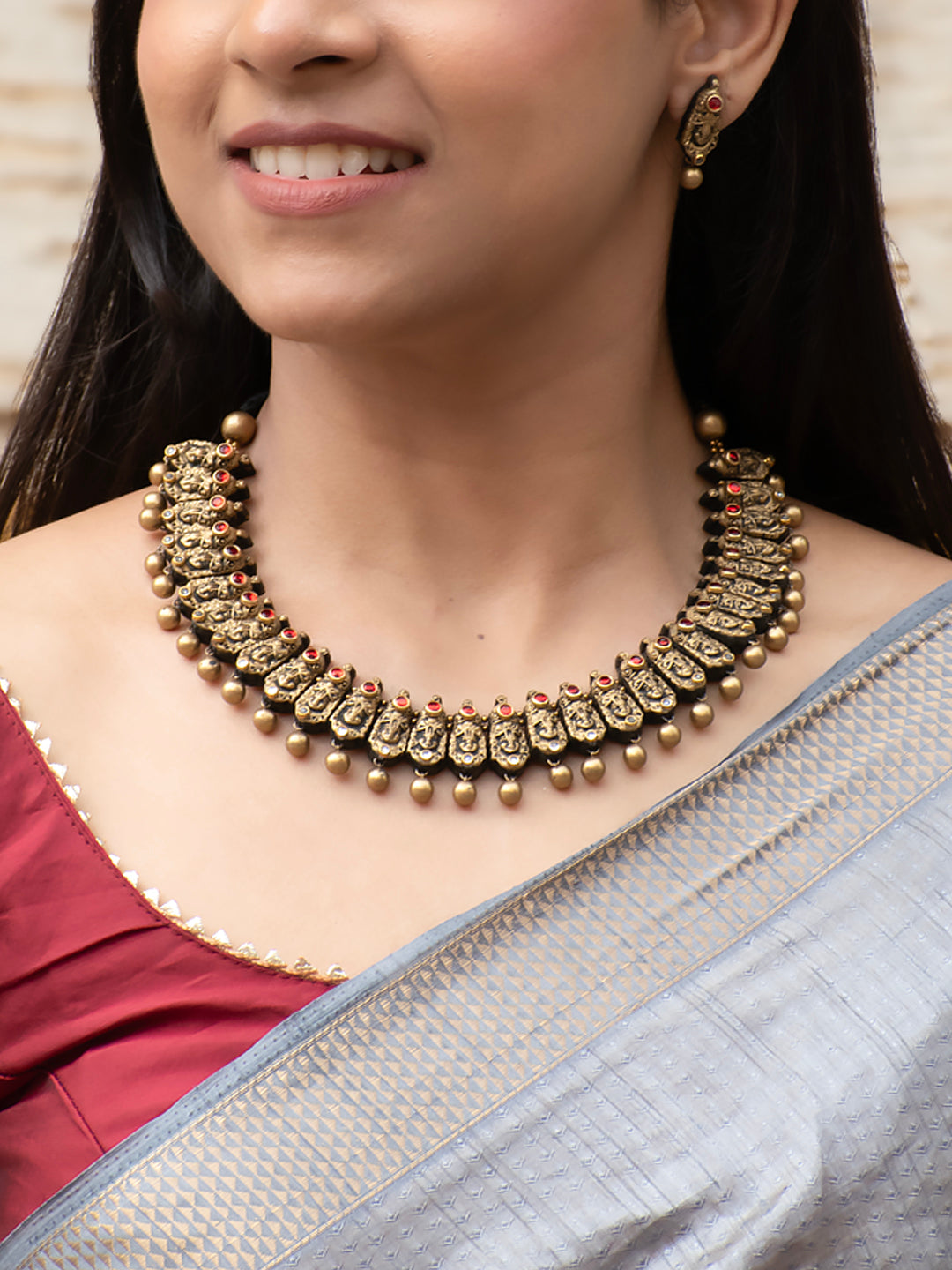 Antique Gold Red White Kundan Stone Medieval Art Handmade Terracotta Necklace Set