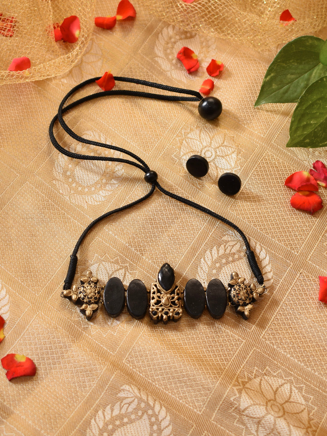 Antique Gold Black Oval Floral Medieval Design Pattern Choker Handmade Terracotta Necklace set