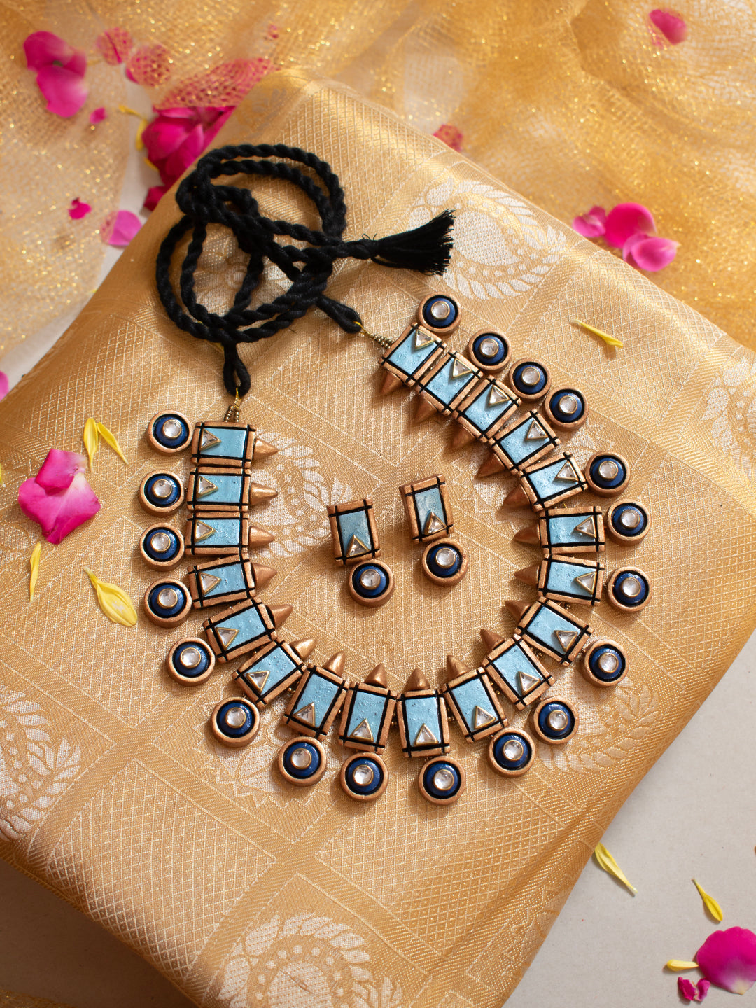 Antique Gold Blue Geometric Design Kundan Fusion Handmade Terracotta Necklace Set