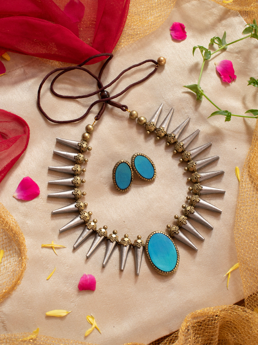 Antique Gold Antique Silver and Blue Spike Boho Tribal Design Handmade Terracotta Necklace Set