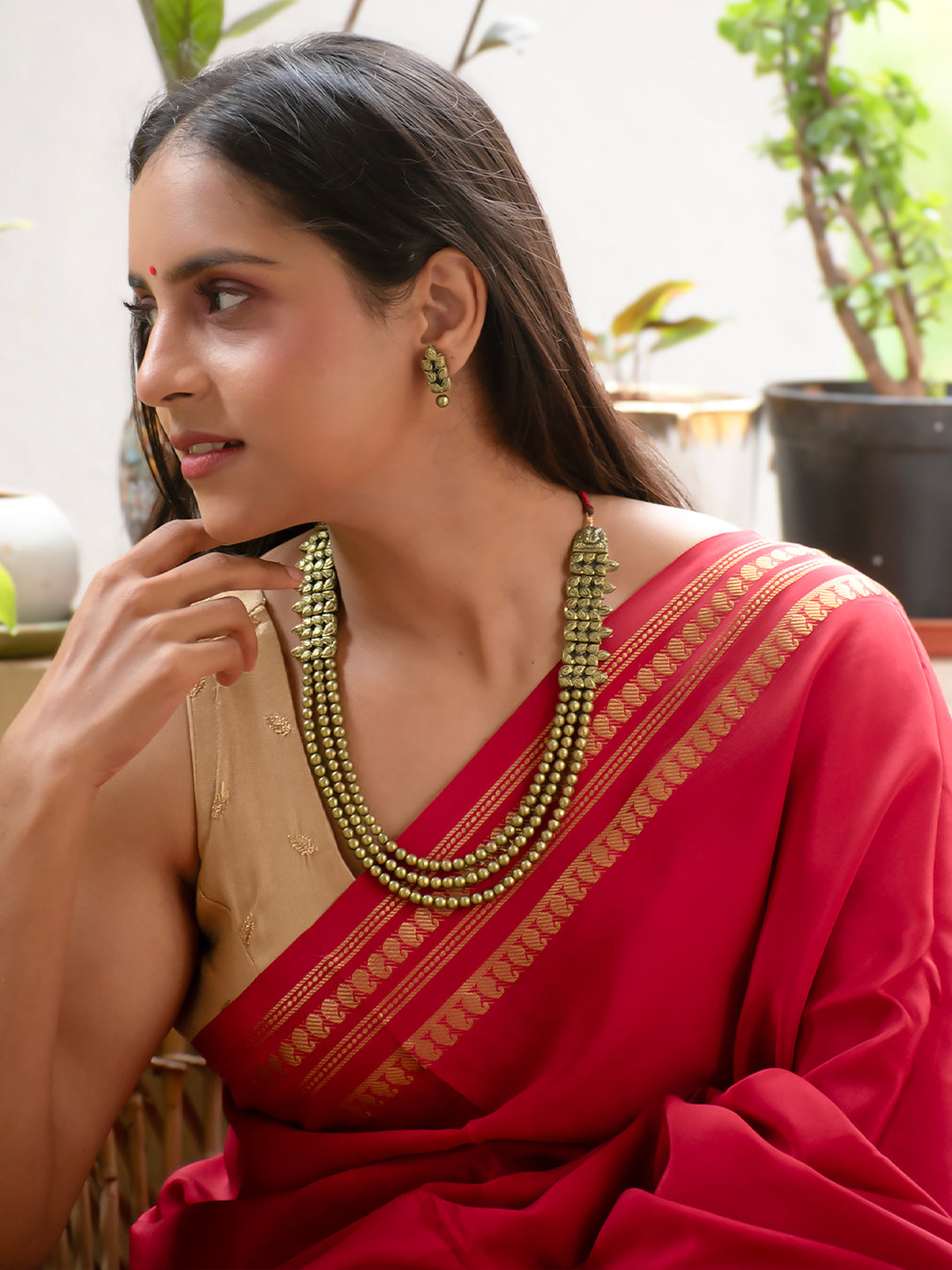 Antique Gold Colour Rani Haar 3 Layered Beads Handmade Terracotta Necklace Set