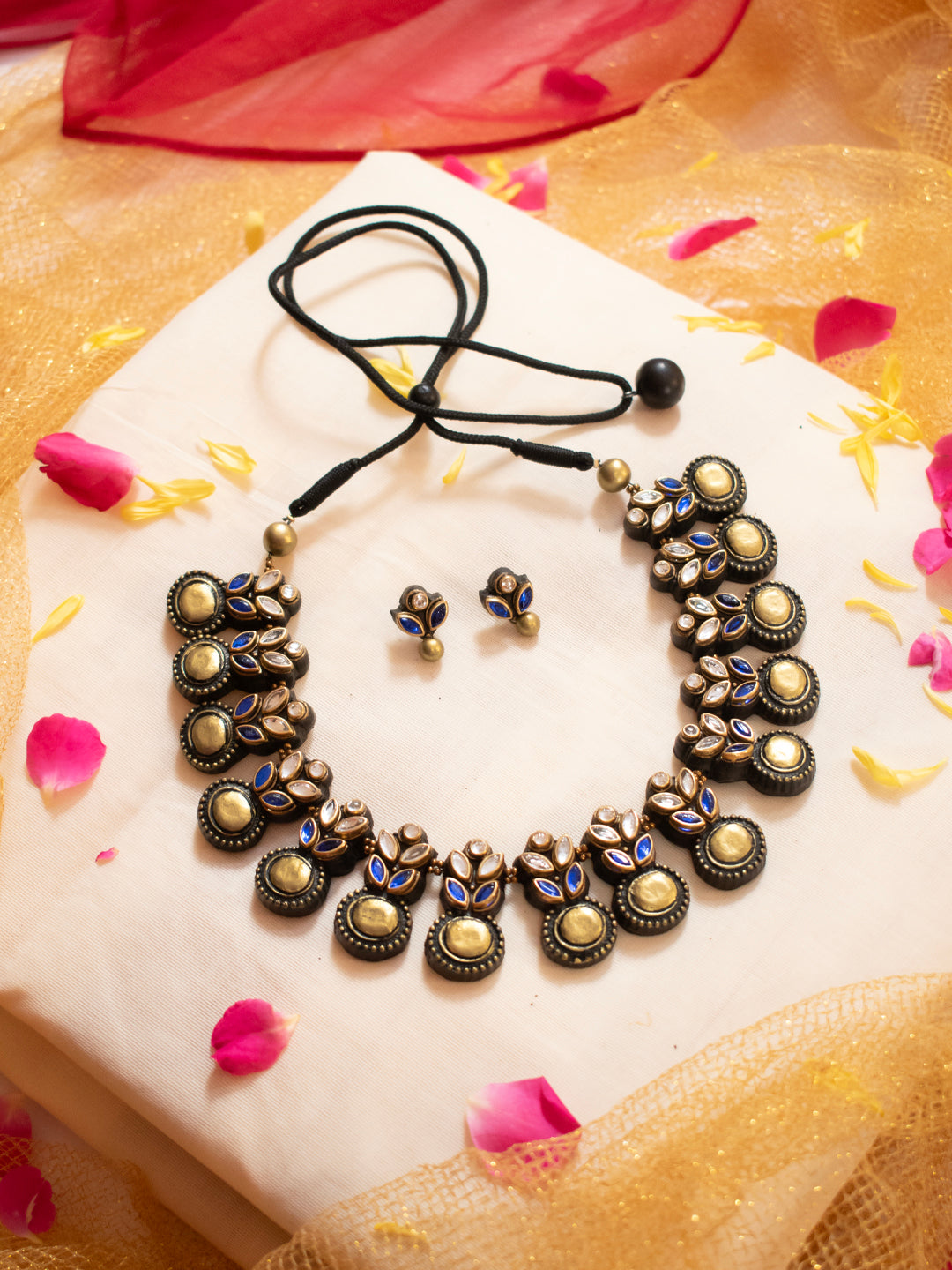 Antique Gold Blue White Kundan Stone Leaf Circular Design Handmade Terracotta Necklace Set