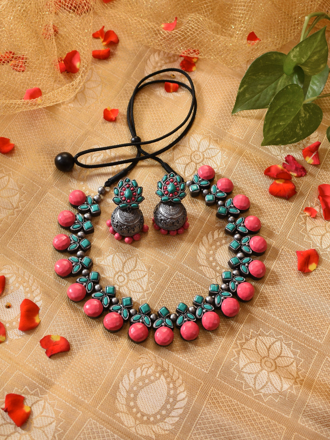 Taralika — Silver Pink Aqua Blue Cherry Design Handmade Terracotta Necklace Set