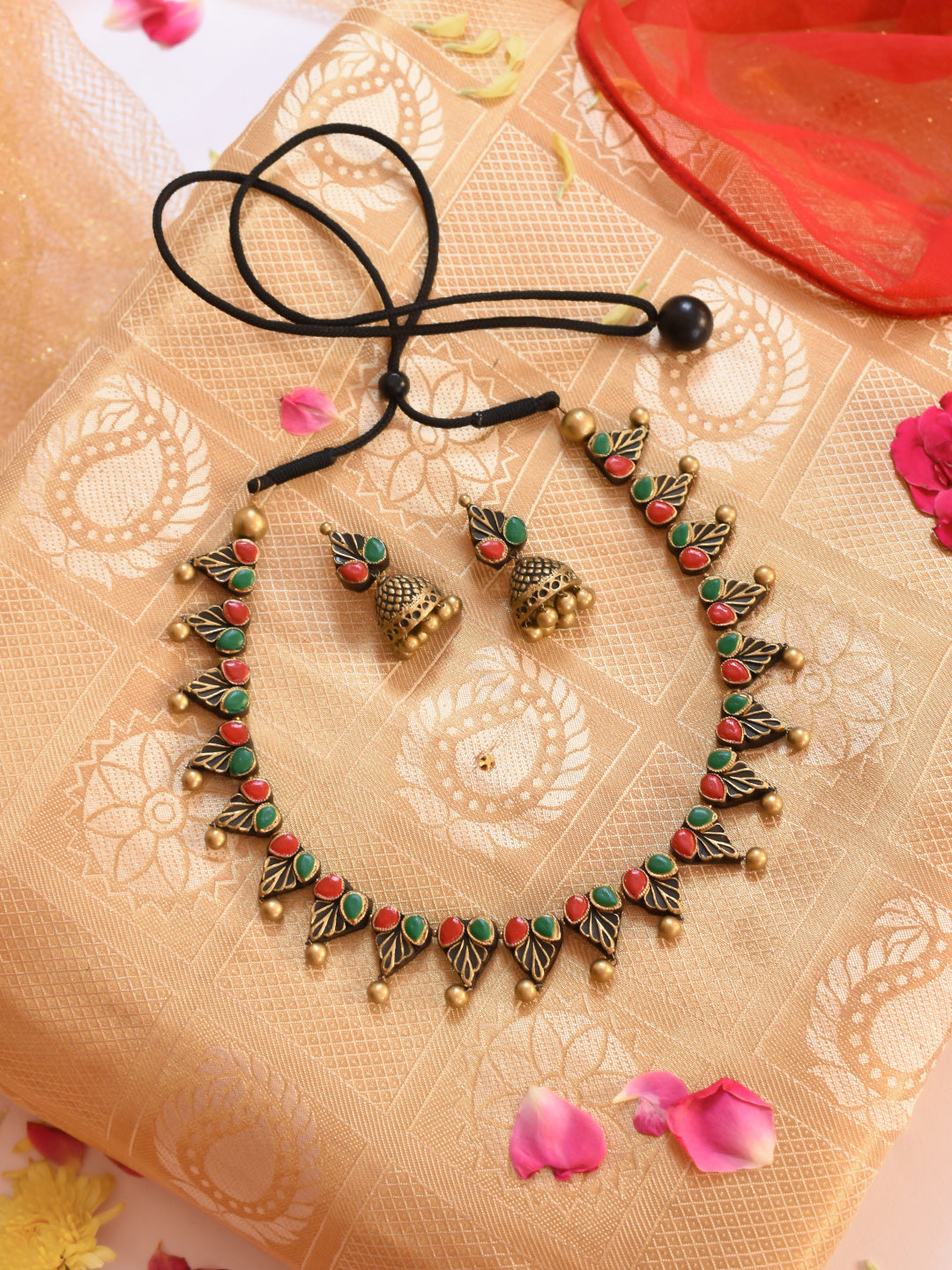 Antique Gold Red Green Leaf Pattern Handmade Terracotta Necklace Set