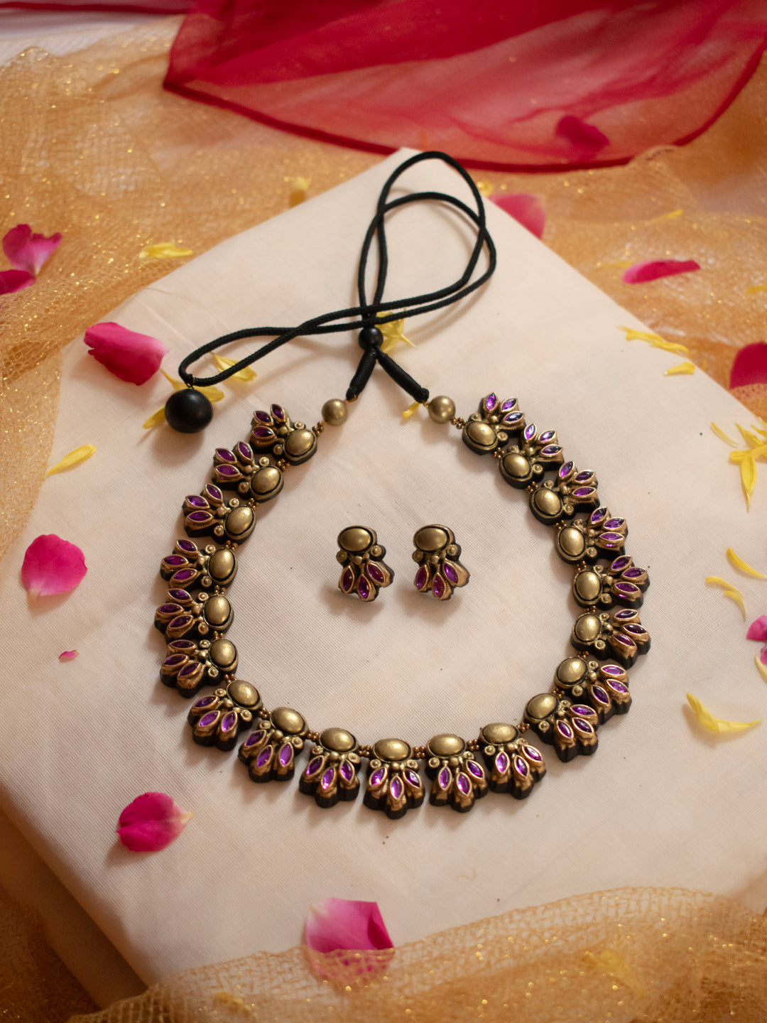 Antique Gold Flower Bud Design Light Purple Kundan Handmade Terracotta Necklace Set