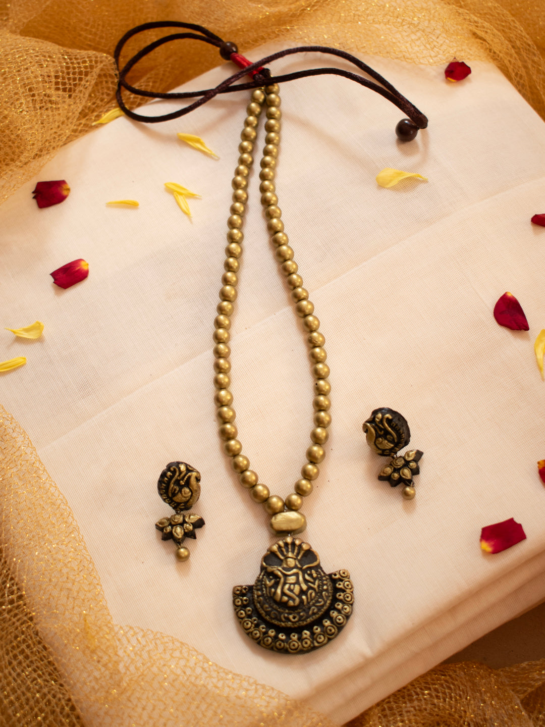 Antique Gold Gopalkrishna Design Mala Handmade Terracotta Necklace Set