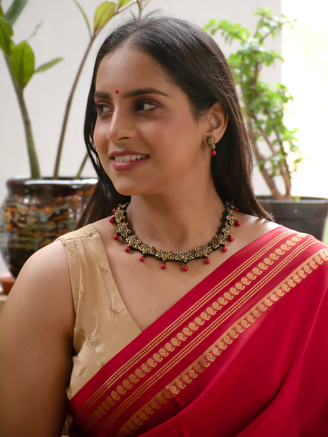 Antique Gold Floral Art Work Red Green Kundan Handmade Terracotta Necklace Set