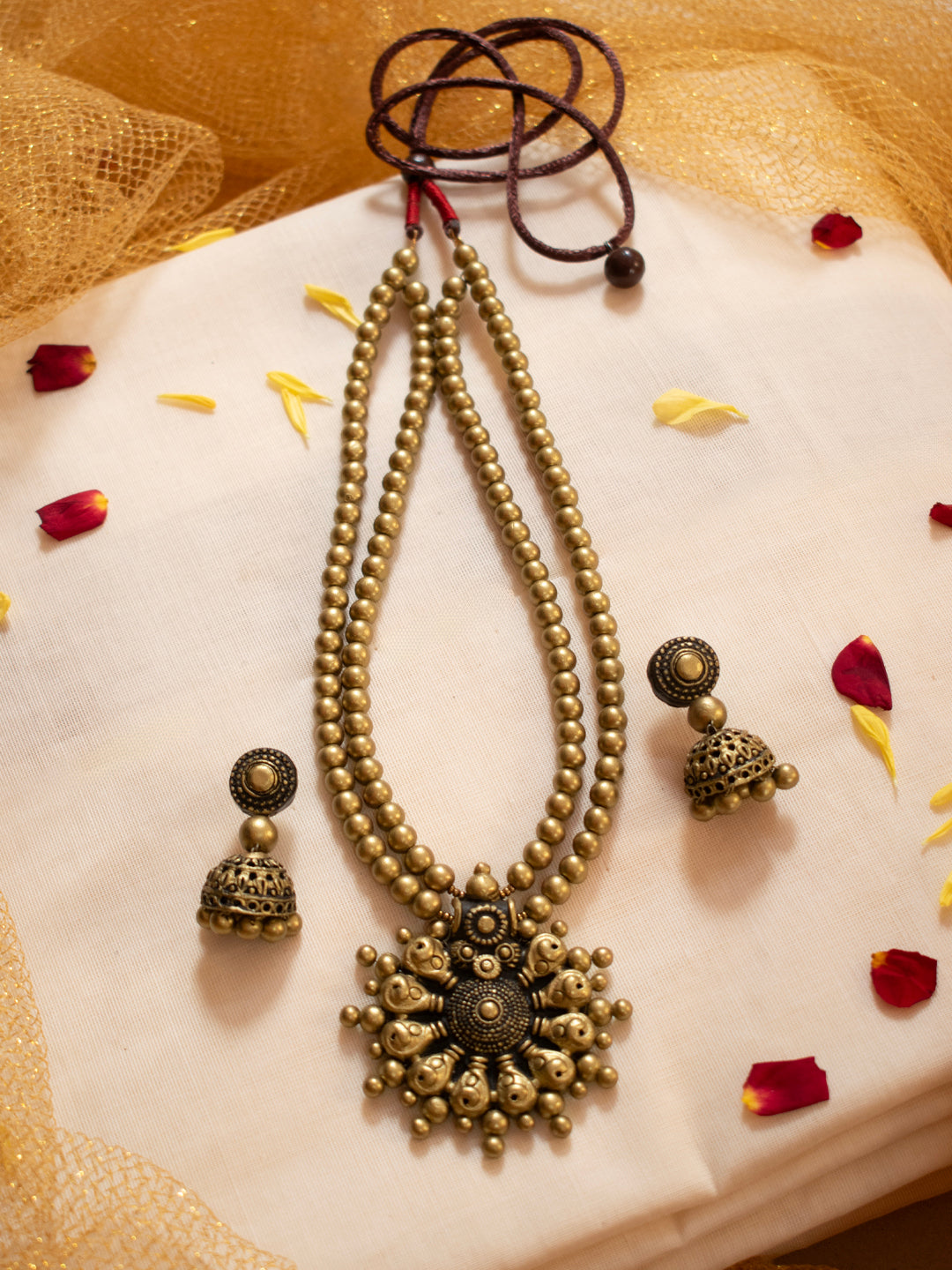 Floral Design Two Layered Antique Gold Handmade Terracotta Necklace Set