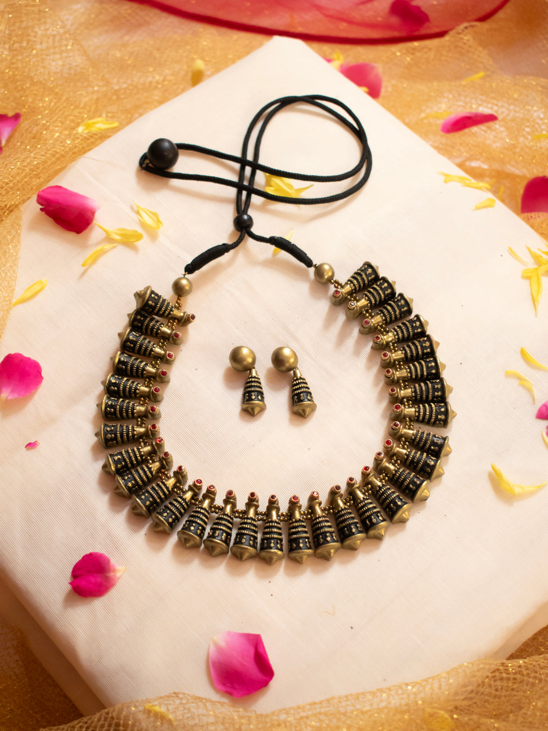 Antique Gold Red Kundan Stone Conical Fringe Boho Design Handmade Terracotta Necklace Set