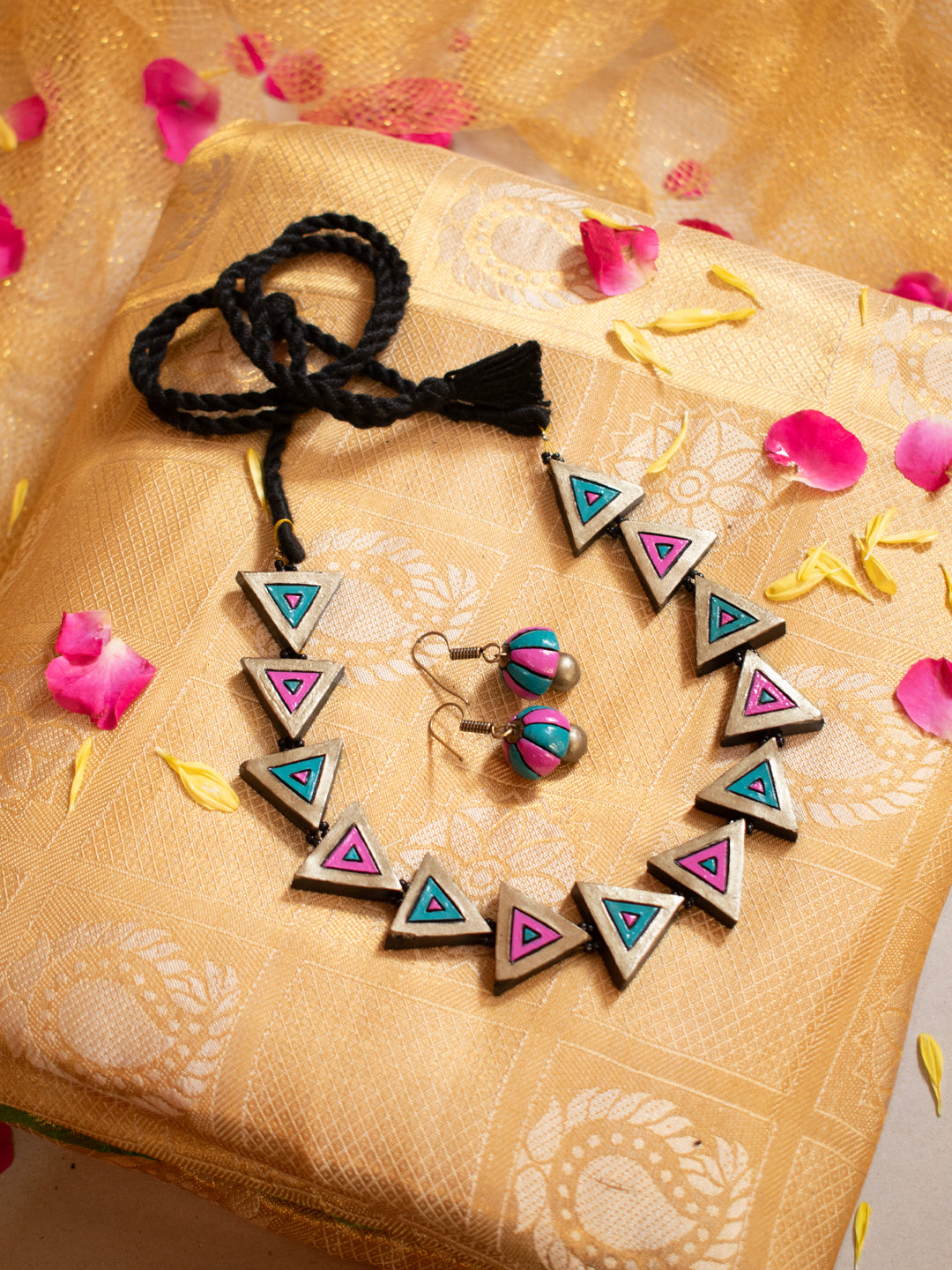 Pink Blue and Gold Triangular Design Minimalistic Handmade Terracotta Necklace Set
