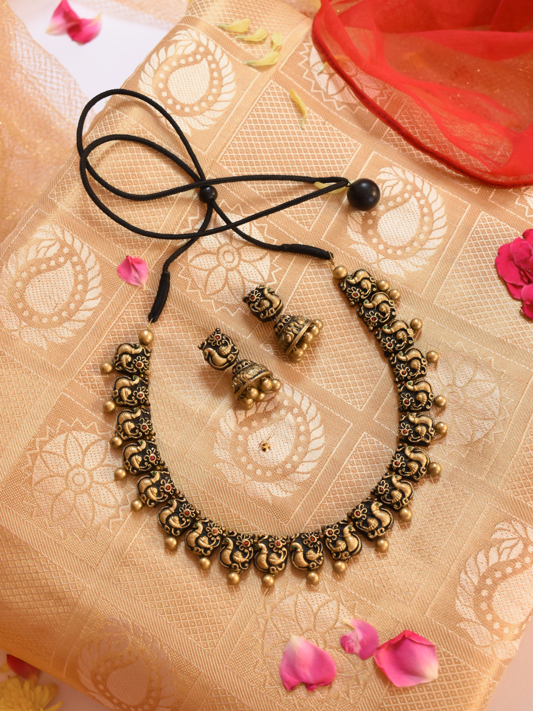 Antique Gold Red Green Peacock Design Handmade Terracotta Necklace Set