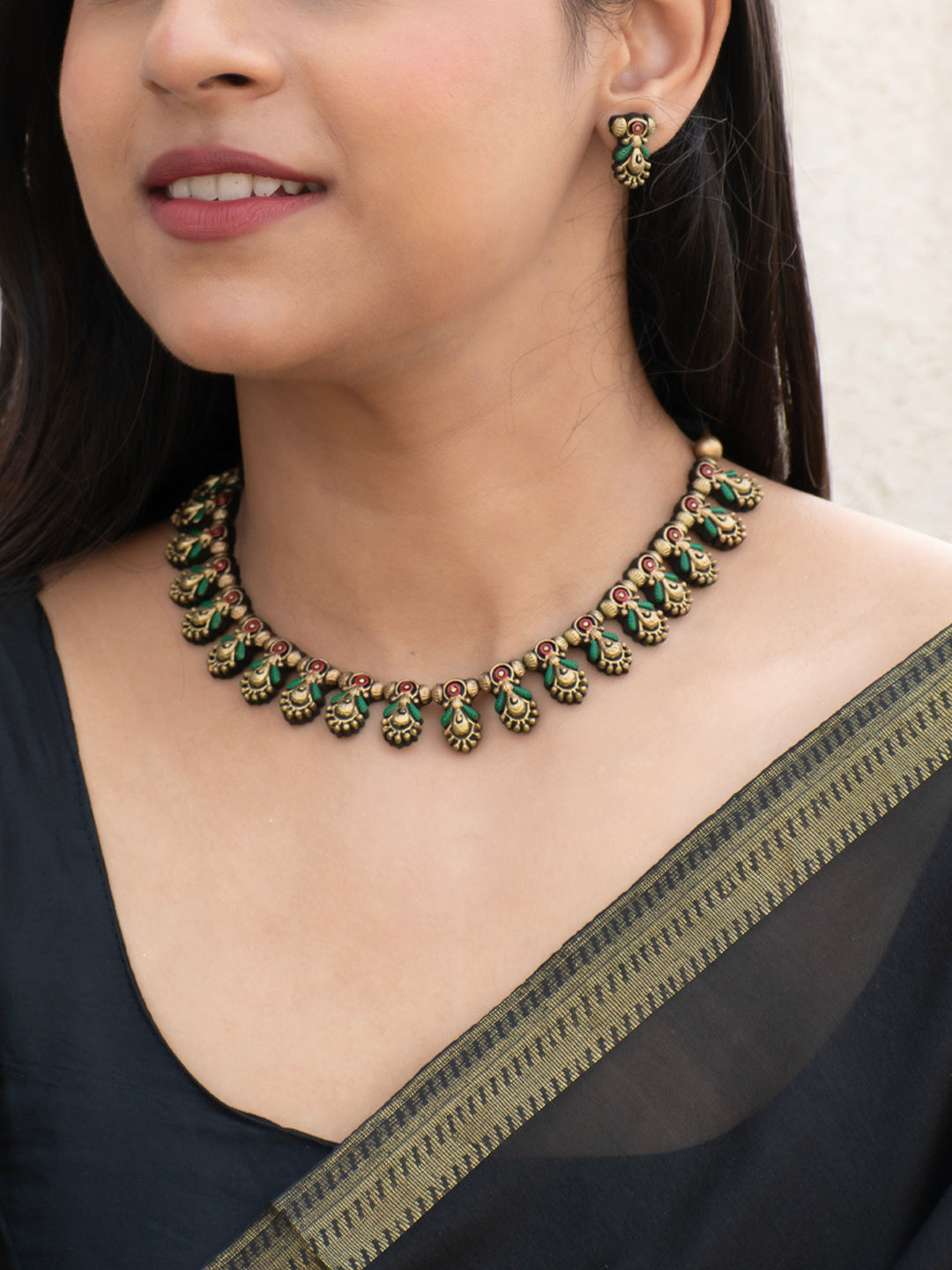 Antique Gold Red Green Leaf Element Fusion Handmade Terracotta Necklace Set