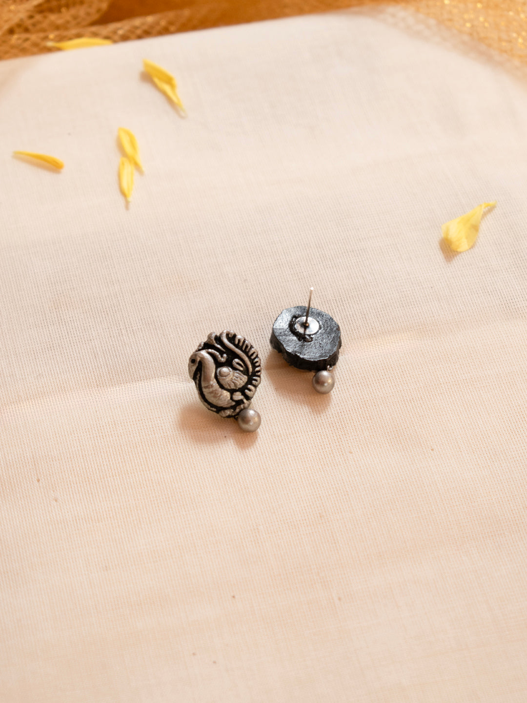 Antique Silver Two Layered Rani Haar Peacock Side Motifs Handmade Terracotta Necklace Set