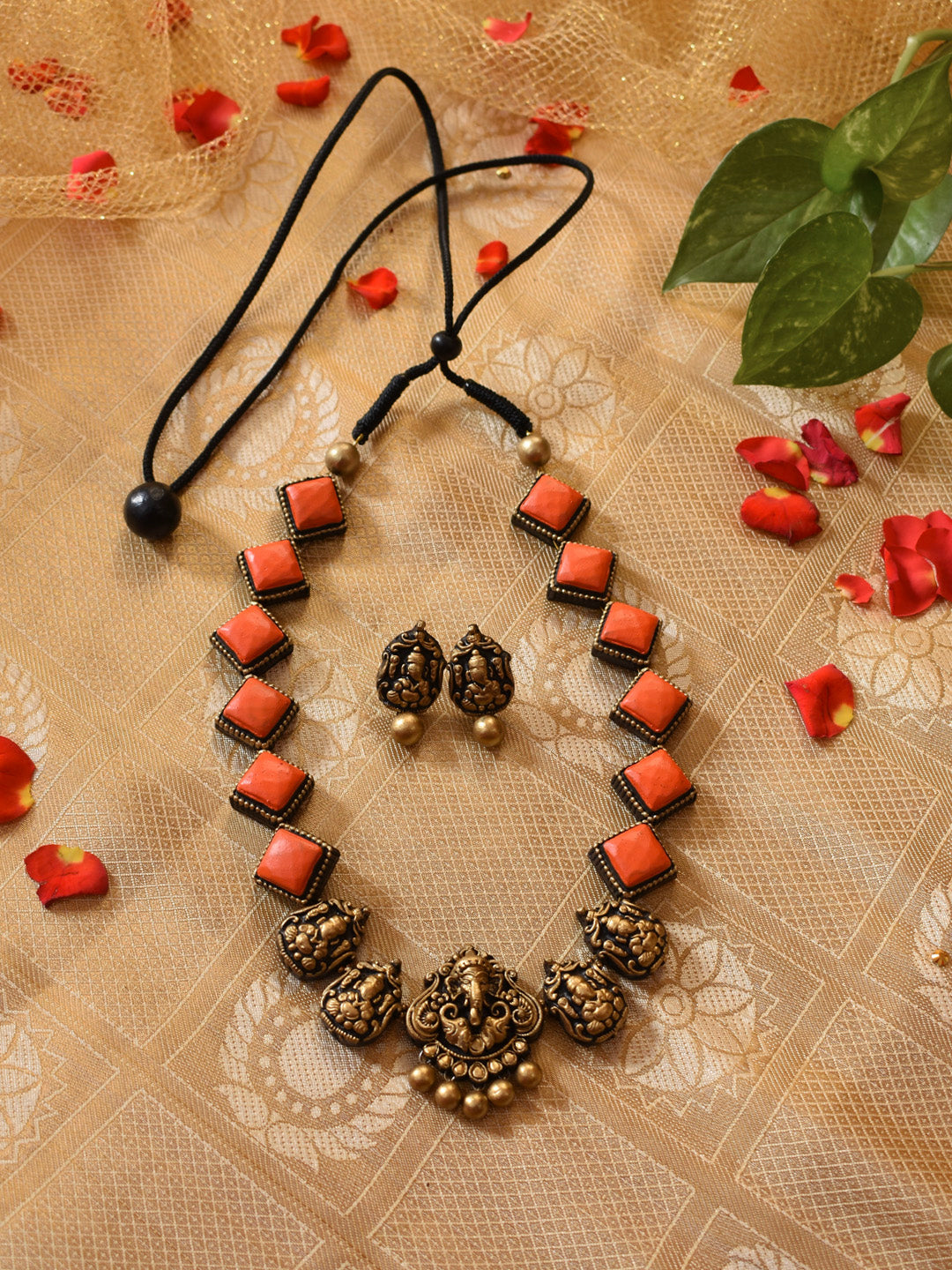 Arunakanta — Antique Gold Orange Ganesha and Rhombus Design Handmade Terracotta Necklace Set