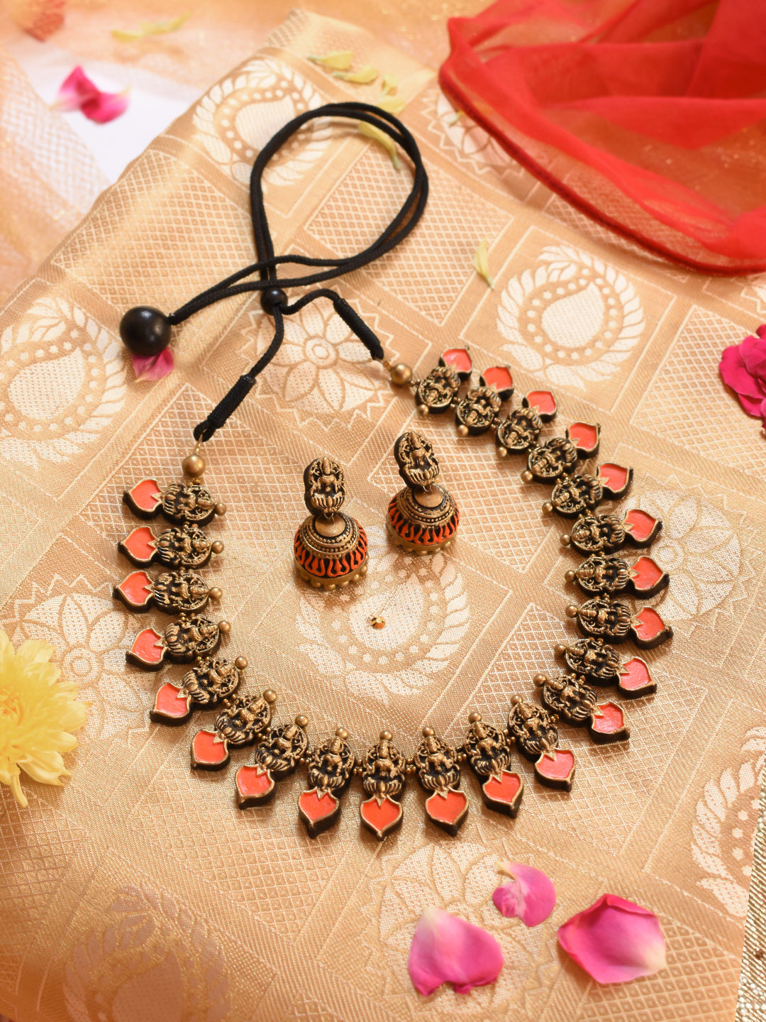 Antique Gold Cadmium Red Lakshmi Design Temple Terracotta Necklace Set