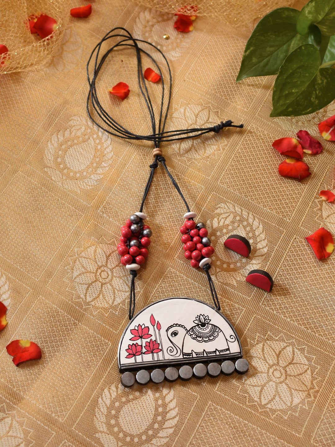 Silver White Pink Semi-circle Pendant with Elephant Art Work Ghungroo Style Handmade Terracotta Necklace Set