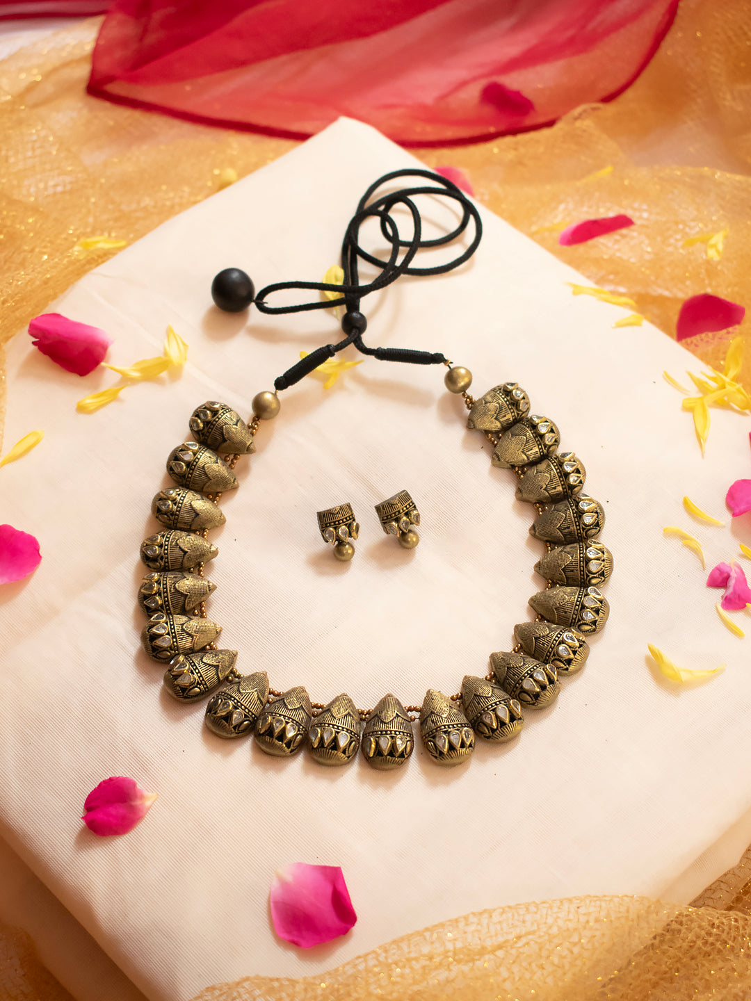 Pear Shape Antique Gold White Kundan Stone Handmade Terracotta Necklace Set