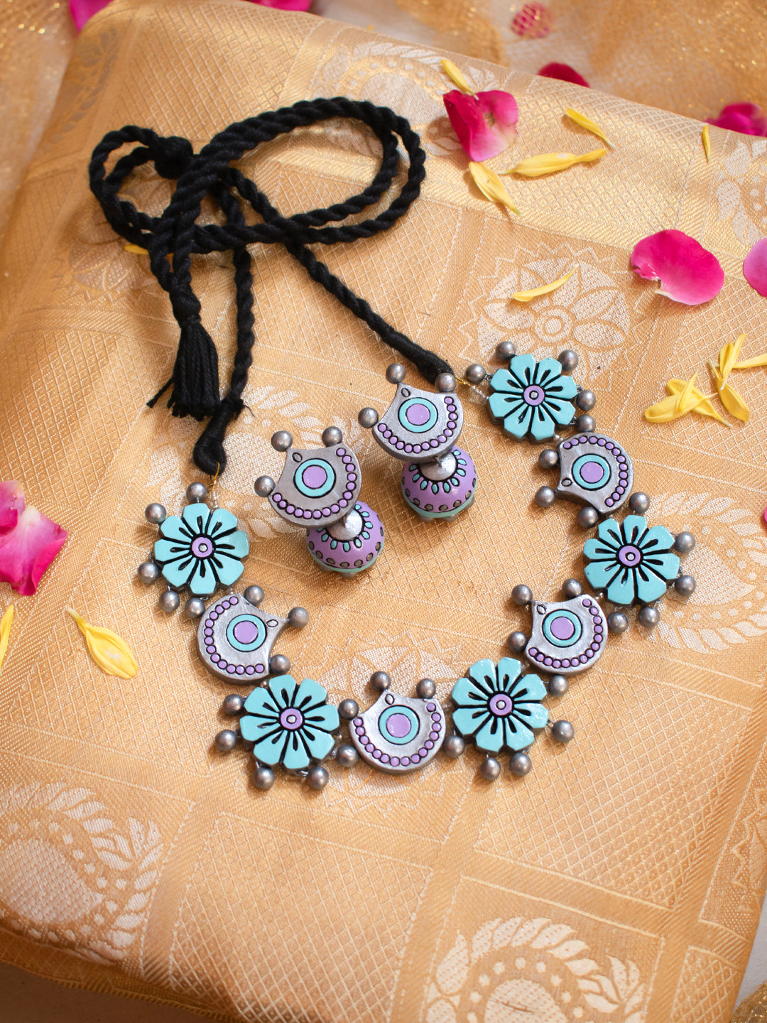Pastel Blue Lavander and Silver Floral Design Contemporary Style Handmade Terracotta Necklace Set