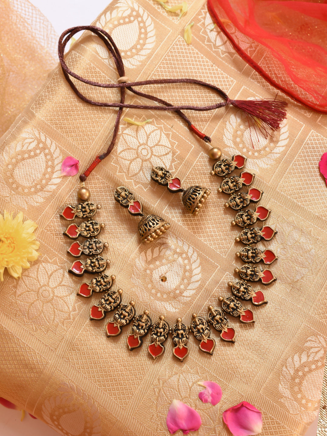 Antique Gold Red Lakshmi Design Temple Terracotta Necklace Set