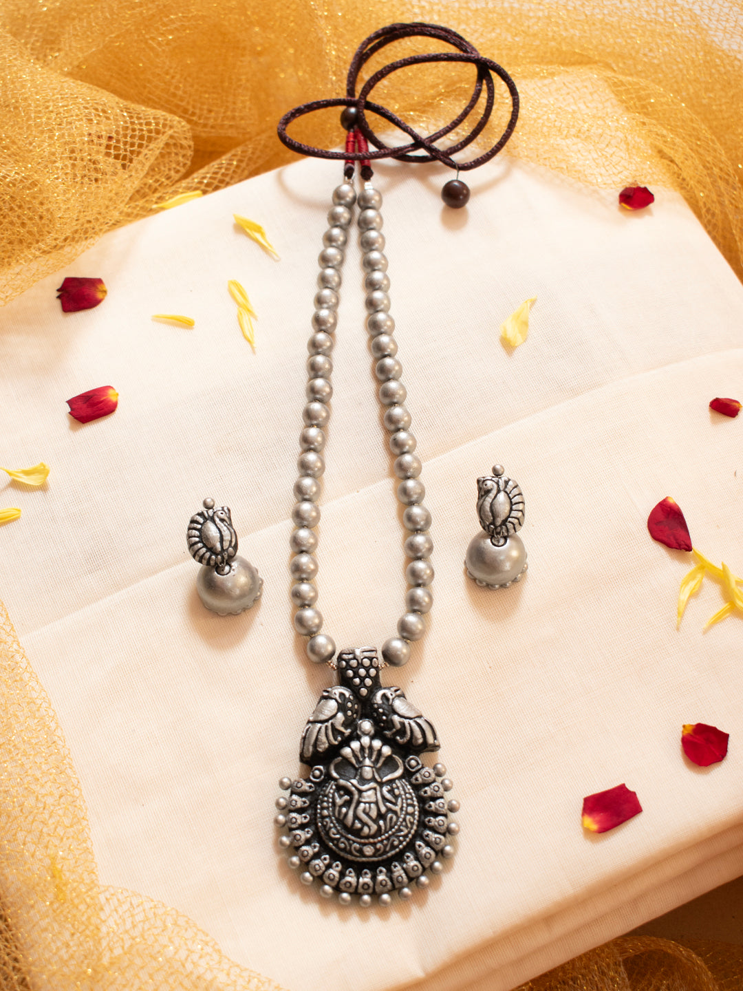 Antique Silver Gopalkrishna Design Temple Handmade Terracotta Necklace Set