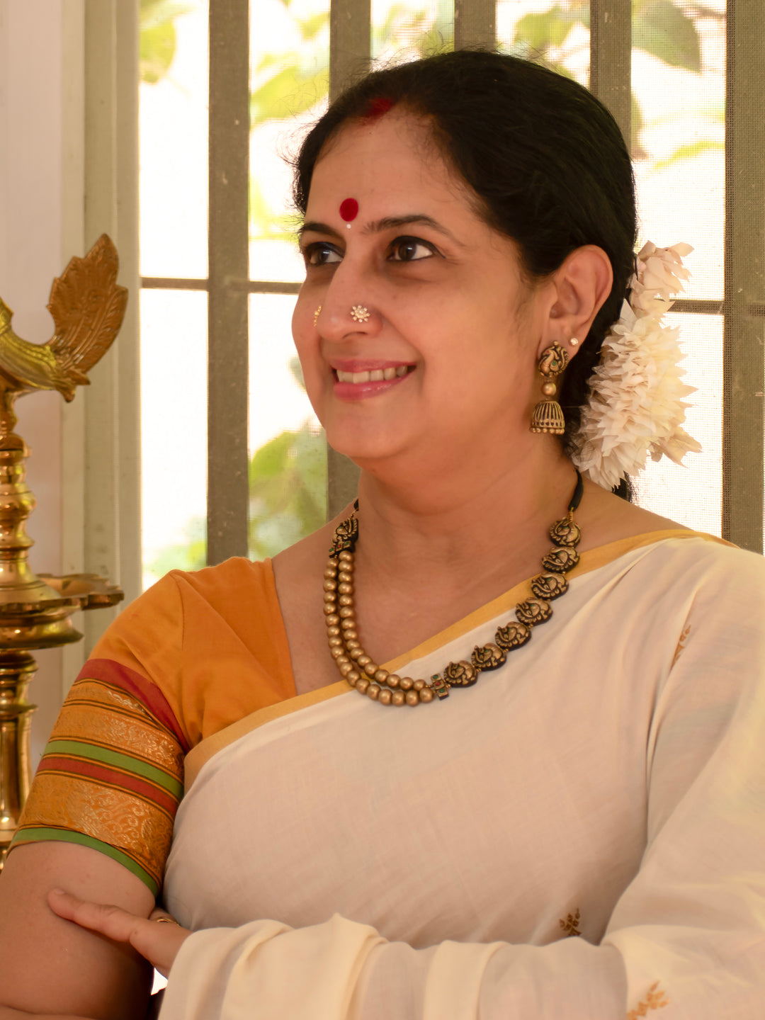 Mayura - Two Layered Beaded Asymetric Peacock Design Handmade Terracotta Necklace Set