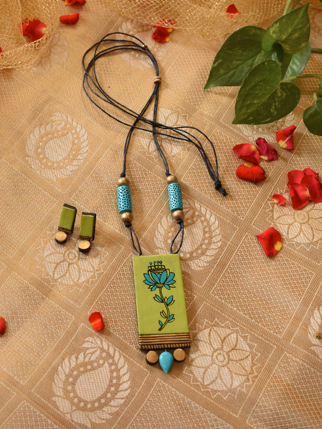 Bamboo Green Aqua Blue and Antique Gold Blooming Lotus Art Work Handmade Terracotta Necklace Set