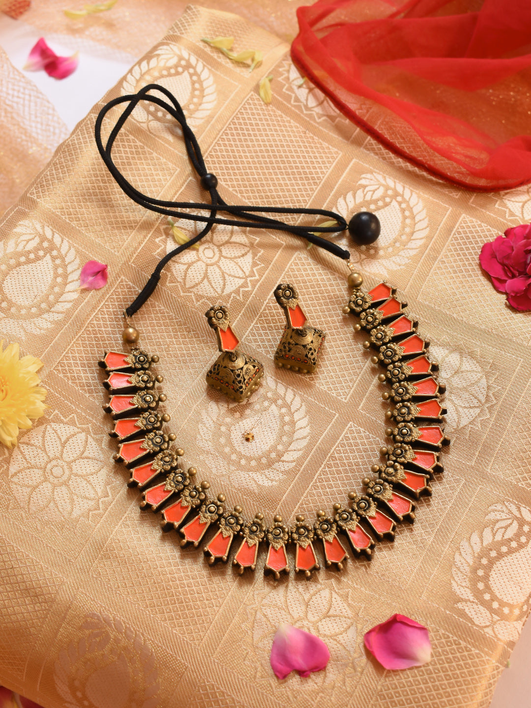 Orange Cadmimum Red Antique Gold Fringe Pattern Handmade Terracotta Necklace Set